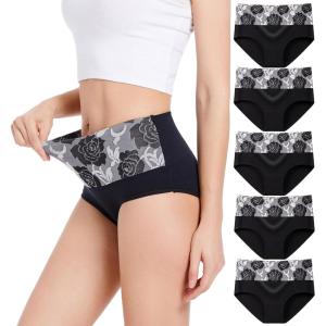 imageHAVVIS Womens Briefs Underwear Cotton High Waist Tummy Control Panties Rose Jacquard Ladies Panty MultipackBrief 04  5 Pack  Black