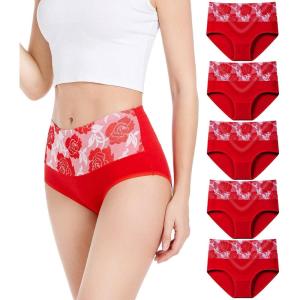imageHAVVIS Womens Briefs Underwear Cotton High Waist Tummy Control Panties Rose Jacquard Ladies Panty MultipackBrief 04  5 Pack  Red
